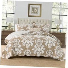 3 Pieces Quilts Set,100 Soft Cotton Quilt,Beige Floral Queen 04 - Warm Taupe