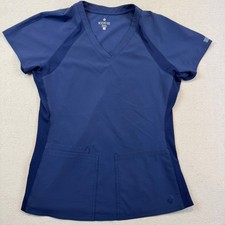 Med Couture Small Scrub Top Women Navy Blue Peaches 8470 V-Neck Snap Vents