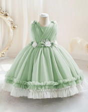 Vestido Verde Menta Elegante Para Ni a con decoraci n floral 3D
