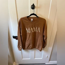 Mama Embroidered Brown Crewneck Sweatshirt Size Large