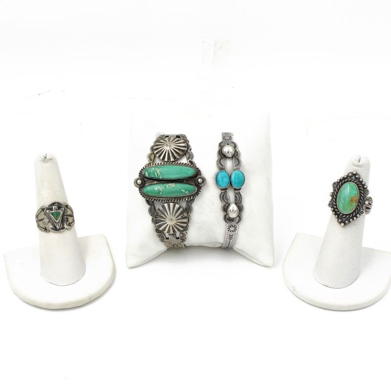Southwest Sterling Fred Harvey Era Turquoise Cuffs & Rings Lot of 4 #S5621-2