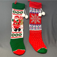 VTG Knitted Christmas Stockings Retro Red Green Santa Snowflake Metallic Pom Pom
