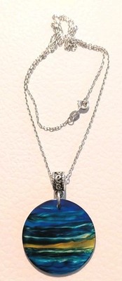 Signed Rose Moore Handpainted Mother Of Pearl Pendant On A Sterling Silver Chain