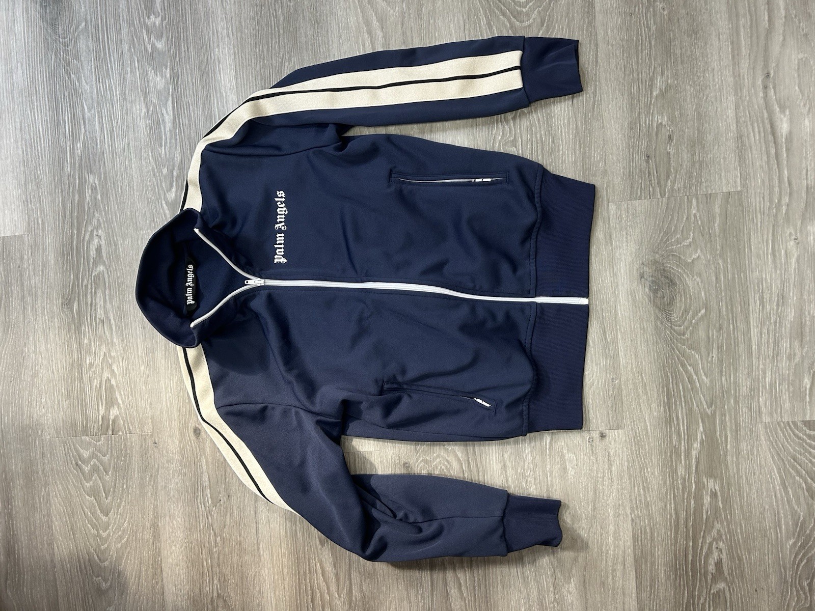 AUTENTICA Palm Angels felpa uomo zip blu navy righe avorio taglia S