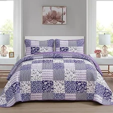  Quilt Set Size, 3 Pieces Boho Plaid Floral Bedspread California King Purple