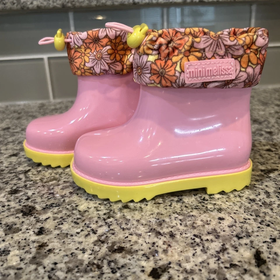 Mini Melissa Botas de Lluvia III BB Talla 7 Rosa Amarillo Nuevas Sin Caja Foto 3 de 4