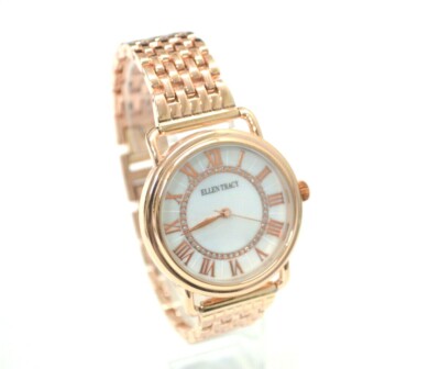 Ellen Tracy Watch Rose Gold Tone Crystal Accent Jewelry Clasp Mother Pearl  Dial