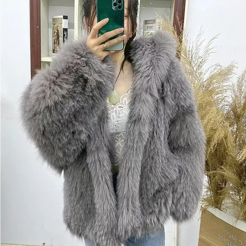 Women Real Fox Fur Knitted Coat Hooded Bat Sleeve Baggy Jacket Warm Outwear Tops - Picture 38 of 43