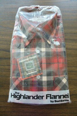 Vintage Bud Berma Highlander Plaid Flannel Shirt Red White Blue Gray Medium -NWT