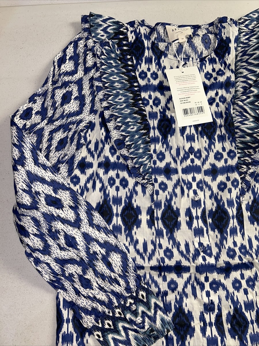 仏Sézane ストライプ フリル付き長袖シャツ Sézane Boby Shirt Blouse Size 2/34 Blue Ikat Ruffle Cotton