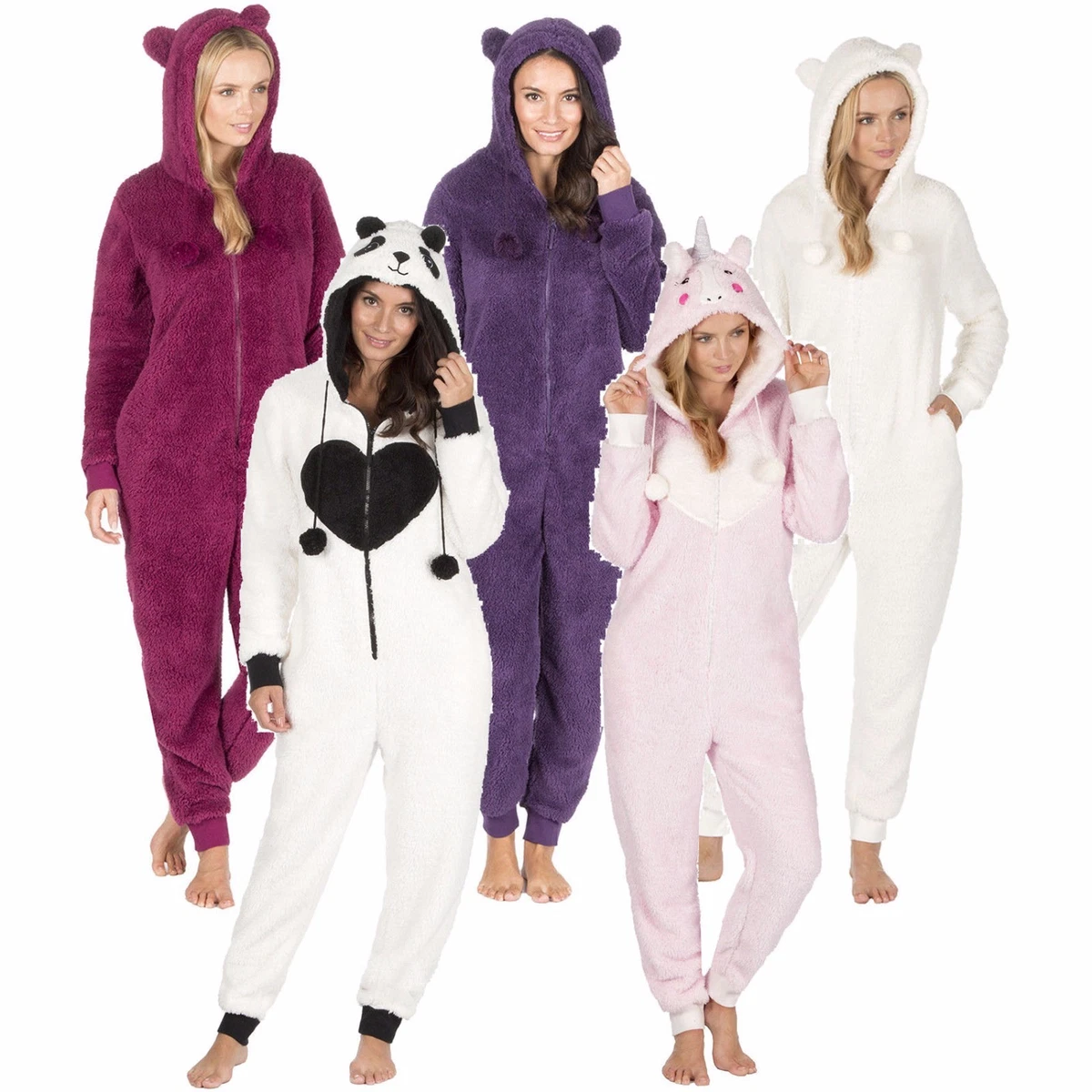 Ladies All in One Hooded Onezee Luxury Snuggle Fleece Pyjama Jumpsuit  Unicorn