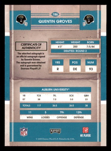 2008 Playoff Contenders #186 Quentin Groves AU RC - Picture 2 of 2