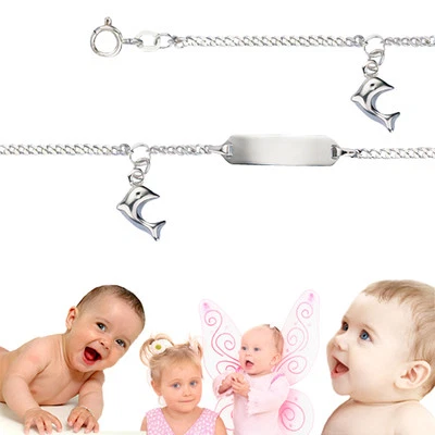 FACHHANDEL-DIREKT Kinder Baby Taufe Namen Datum Gravur Armband mit Delfin Anhänger Echt Silber 925