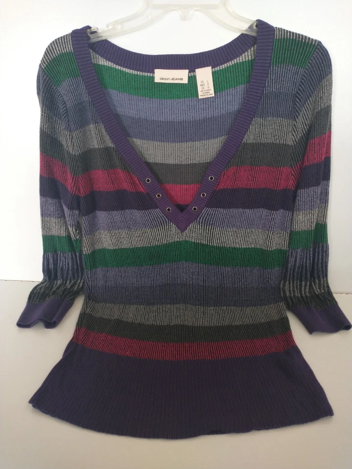 Suéter vintage Y2K DKNY para mujer gris/rosa/púrpura a rayas acanalado cuello en V talla L Foto 2 de 4