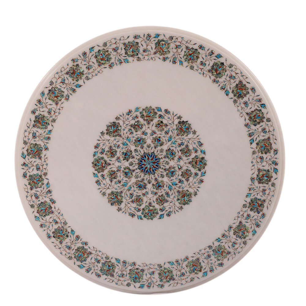 42-inch White Marble Table Top with Handcrafted Semi-Precious Stone Inlay Design