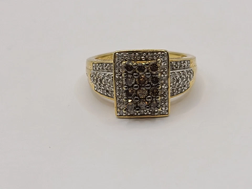 Anillo chapado en oro amarillo con piedras preciosas simuladas marrón y blanco 925 talla 6,75 Foto 2 de 4