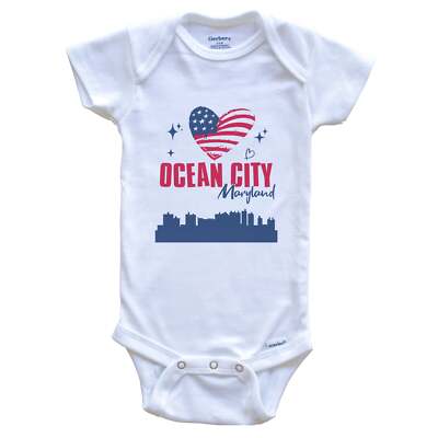Ocean City Maryland Skyline American Flag Heart 4th of July Baby Bodysuit