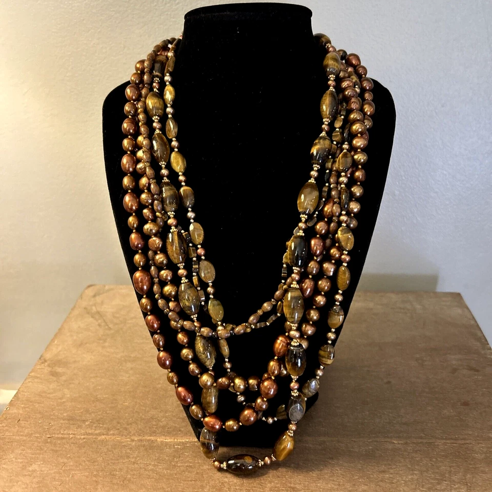 Coldwater Creek Brown Tigers Eye Pearl Beaded Multi Strand Necklace 22" Signed - Image 2 of 4