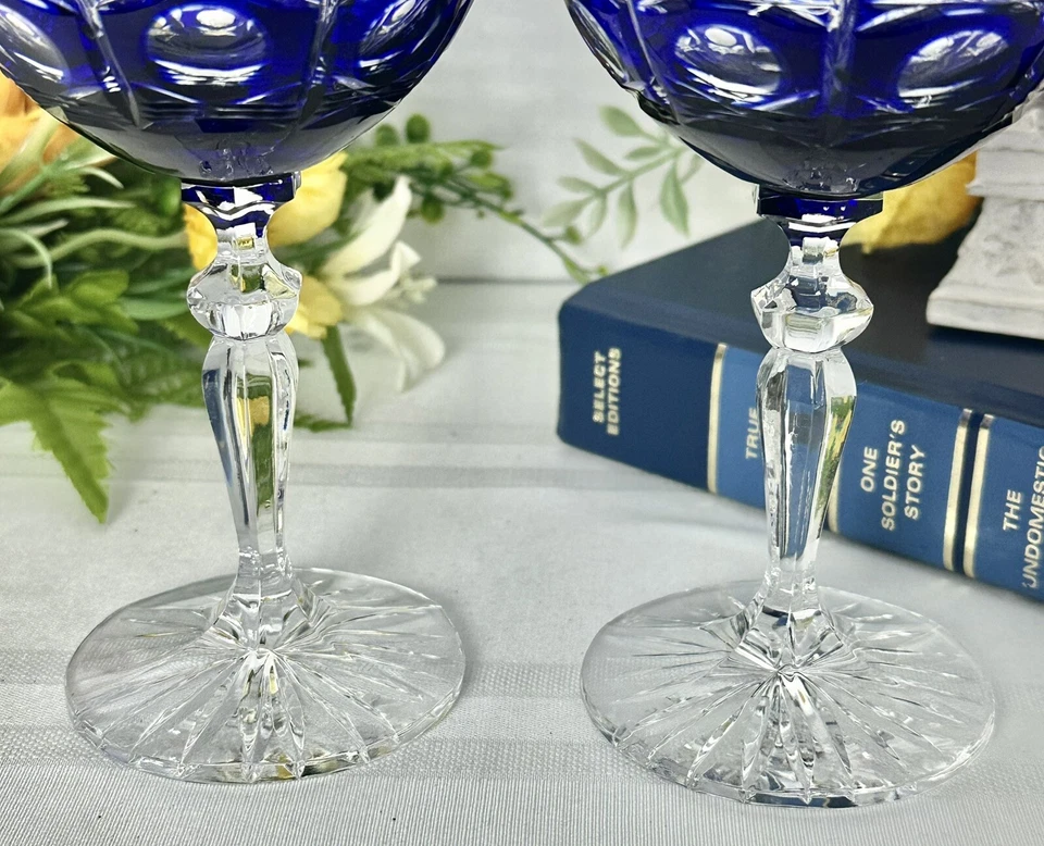 Copas de vino azul cobalto bohemio cortadas a transparentes copas de vino azul vintage - 2 Foto 4 de 4