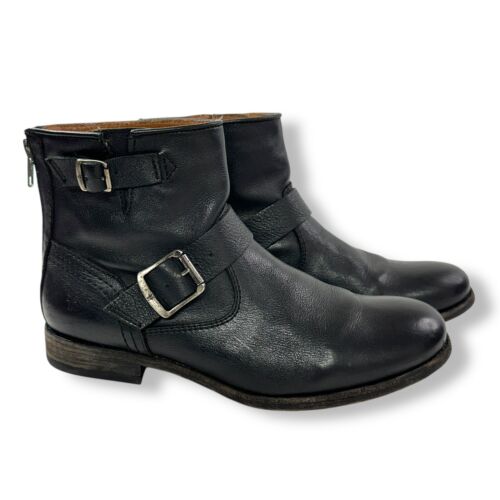 Frye Tyler Engineer Moto Ankle Boots Womens Sz 8.5 B Black Leather Buckle Biker