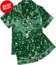 Women  s Silk Satin Pajama Set Short Sleeve Button Down Top Shorts 2pcs S-XXL - U