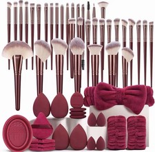 Makeup Brush Sponge Set w/ Brush Cleaner, Powder Puffs, Headband Burgundy
