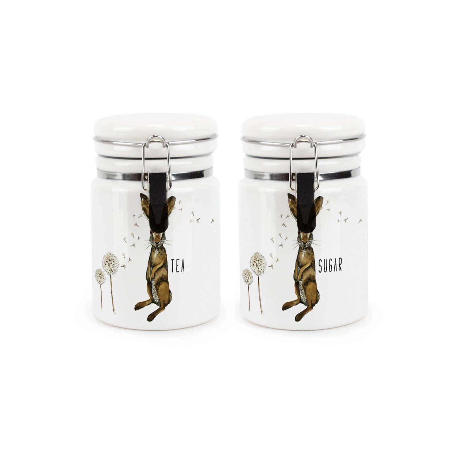 Ceramic Clip-Lid Hare & Dandelions Canisters - Tea & Sugar Storage Containers