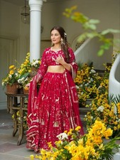 New Faux Georgette Red Lehenga Choli With Dupatta For Indian Function Wear
