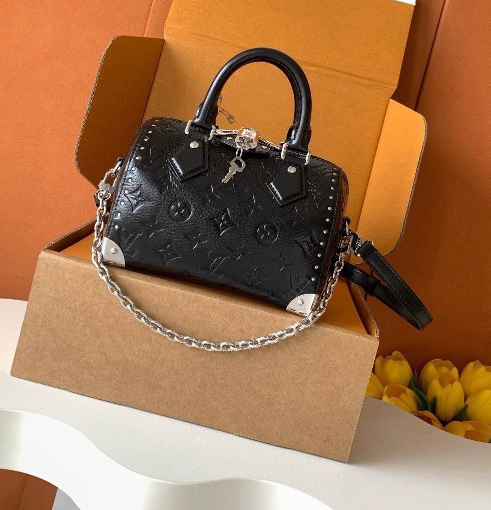 Louis Vuitton Speedy Black Monogram Empreinte Top Handle Bag Chain Strap Zip