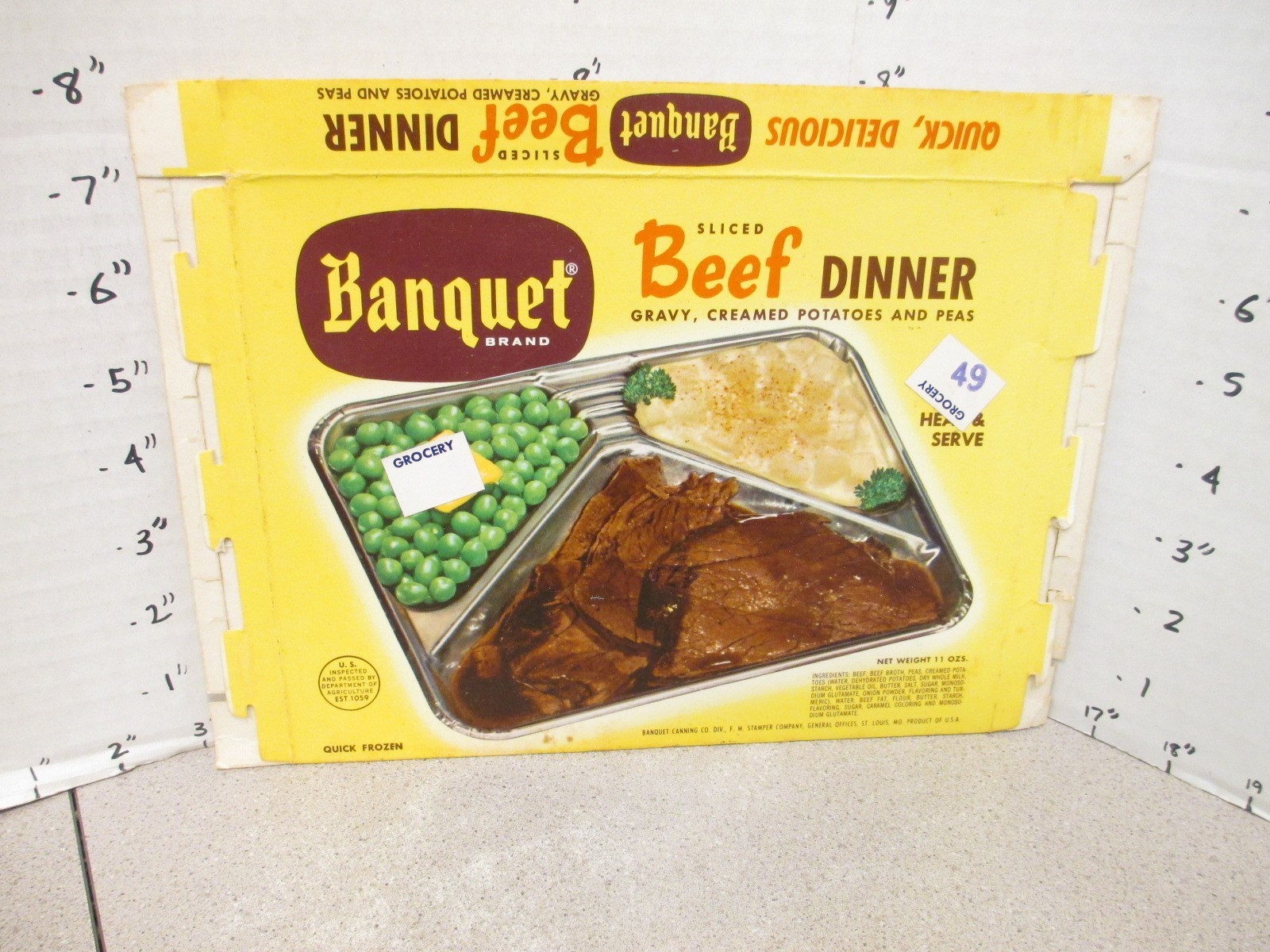 BANQUET TV DINNER box BEEF peas potato 1960s vintage frozen food Glamakote 49c