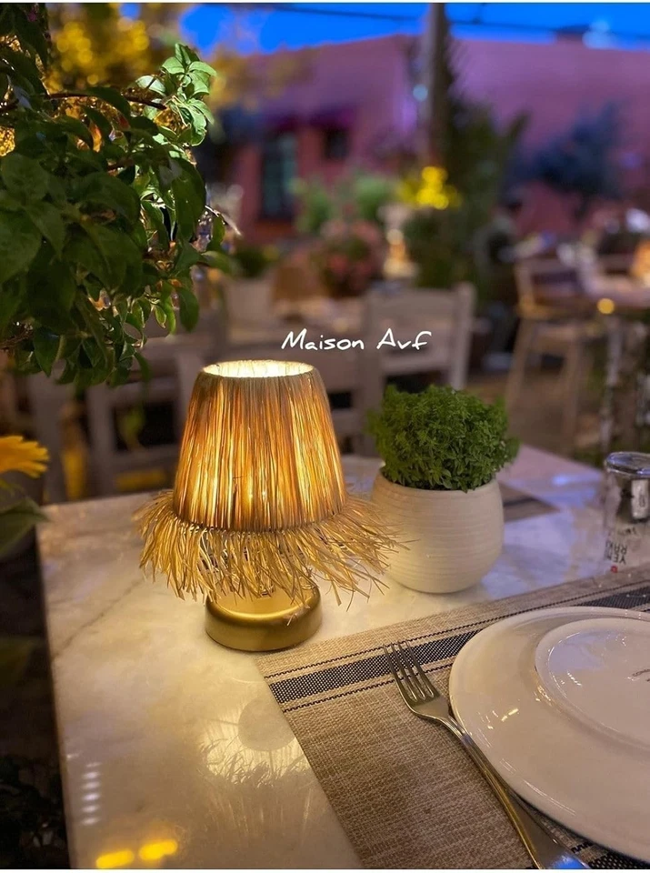 Старинная золотая беспроводная аккумуляторная лампа из рафии и плетеной ткани - богемное акцентное освещение - Изображение 2 из 4