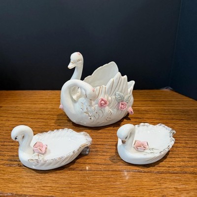 Vintage Porcelain Swan Trinket Dish Set   Hand-Painted Roses, Gold Accents