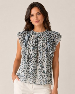 Loft Womens Top Medium NWT Flutter Sleeve Blue Leopard Print Button Keyhole Neck