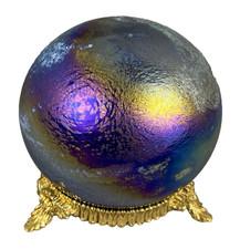 VTG Tom St Clair Hand Signed Art Glass Iridescent Orb Sculpture Brass Stand 1994