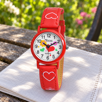 Qbos MäDchen Kinderuhr Rot Herz Blumen Quarz Kunstlederband 28 Mm 4900002-005