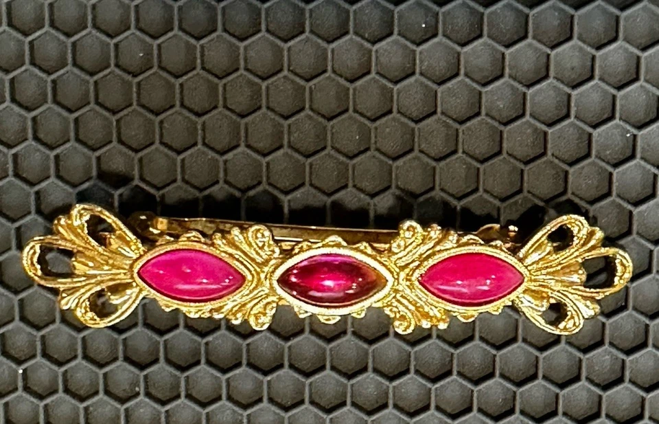 Clip de pasador de pelo de filigrana tono dorado vintage hecho en Francia piedras rosas Foto 2 de 4