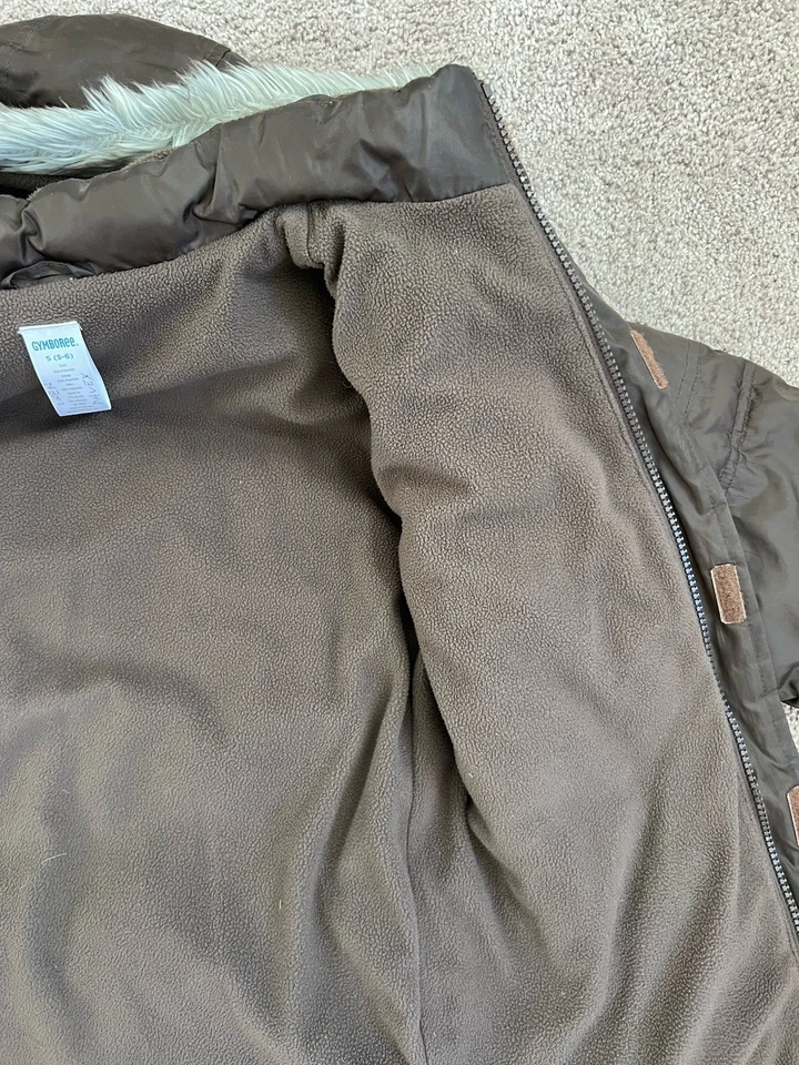 VGUC Gymboree Brown Gray Fur Trim Hood Puffer Jacket Coat S(5-6) - Image 3 of 4