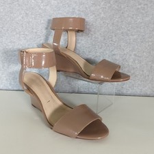 Nine West Riley Nude Patent  Wedge Heels Dress Sandals Ankle Strap Neutral 8.5M