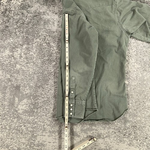 Vintage Wrangler Shirt Mens 16.5X34 Army Green Twill Pearl Snap Western Workwear - Picture 12 of 14
