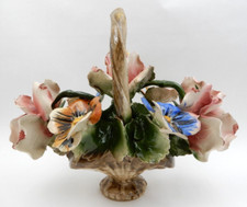 VINTAGE CAPODIMONTE PORCELAIN MULTI-COLORED FLOWER BASKET MADE IN ITALY