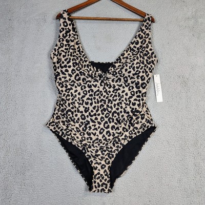 Nicole Miller Swimsuit Women's 2X Beige Black Leopard Print One Piece Beachy NWT