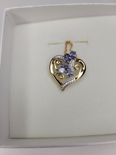 Solitaire Heart Pendant & Chain - 14k Gold Plated Round Tanzanite Brass in box - Picture 2 of 5
