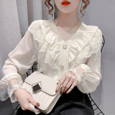 Women Ruffle Chiffon Tops Fairy Lace Shirt Blouse Pullover V-neck Court Retro