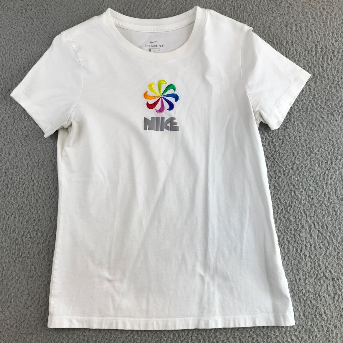 white rainbow nike shirt