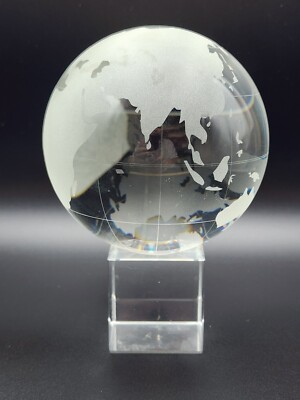 Clear Crystal World Earth Globe Etched Crystal World 4'' Sphere  w/Crystal Base 