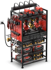 Power Tool Organizer Floor Stand with Charging Station, Garage Adjustable Storag