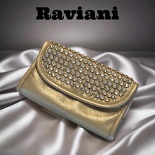 Raviani Wallet In Gold Smooth Leather W/ Full Crystal Flap Bling Bling