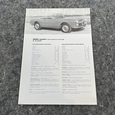 ALFA ROMEO 2600 Spider Carrozzeria Touring Technical Brochure: 1964 Single Sheet
