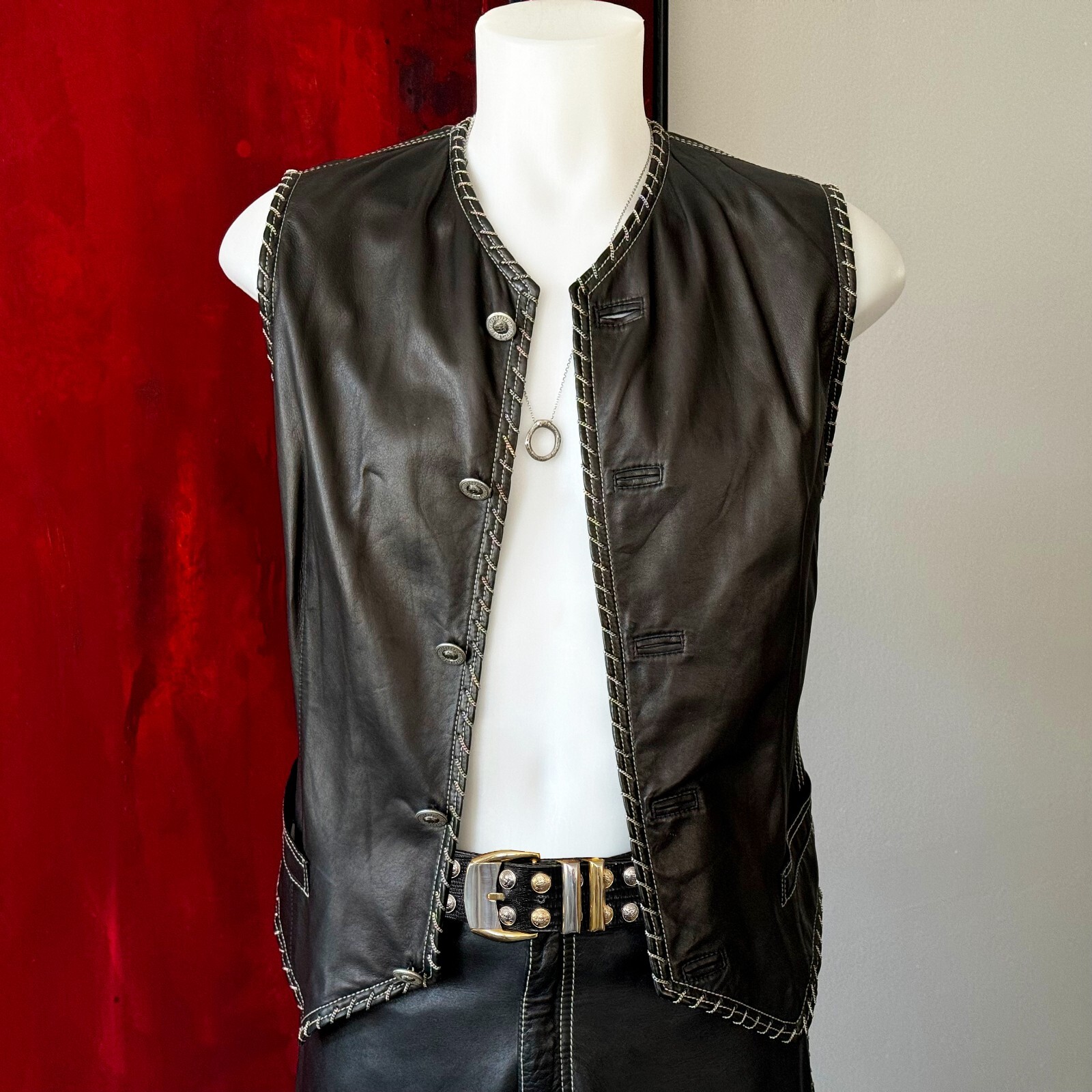 GIANNI VERSACE Leather Biker Vest + Pants w/ Chain Trim from F/W 1994/95 image 9