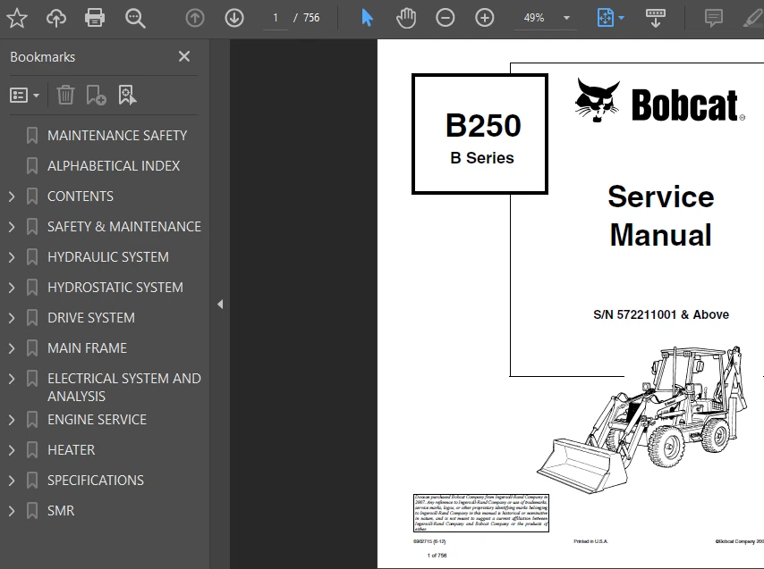 BOBCAT B250 BACKHOE LOADER OPERATORS OWNERS SERVICE REPAIR SHOP MANUAL PDF USB - Image 2 of 4